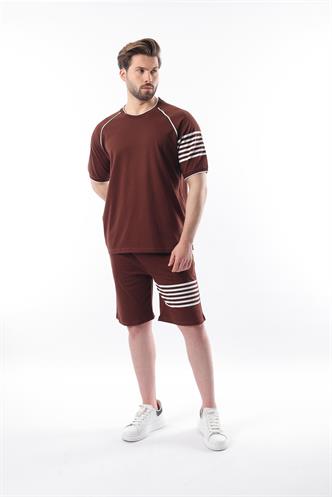Acı Kahve Baskılı Reglan Kol Erkek Şort T-shirt Takımı E7306