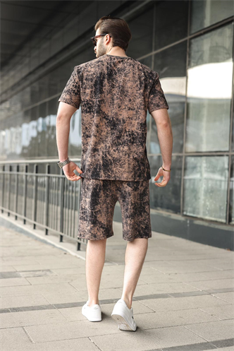 Siyah-Kahverengi Batik Desenli Overfit Şort T-shirt Takım E7357