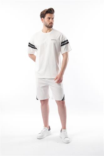 Ekru Şerit Detaylı Erkek Şort T-shirt Takım E7301