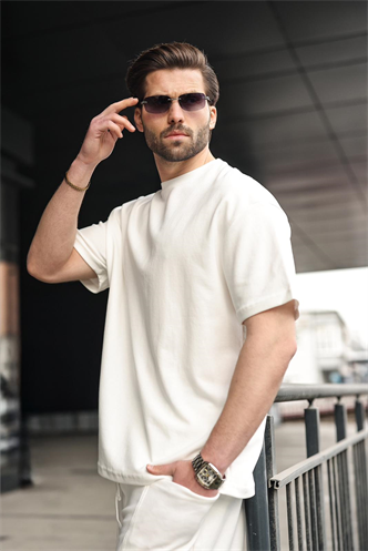 Ekru Bisiklet Yaka Oversize Erkek Şort T-shirt Takım E7355