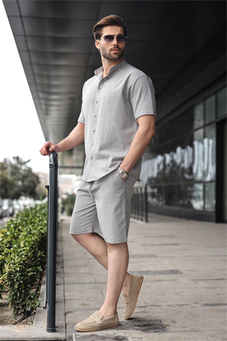 Boyalı Gri Erkek Şort Gömlek Takım E7350