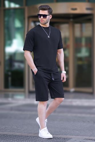 Siyah Bisiklet Yaka Basic Erkek Şort Takımı 5953