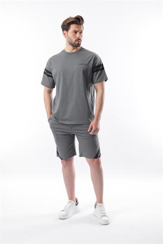 Füme Şerit Detaylı Erkek Şort T-shirt Takım E7301
