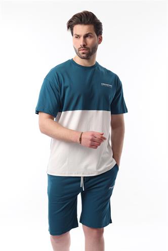 Petrol Mavisi Baskılı Renk Bloklu Pamuklu Ayarlanabilir Bel Şort Takım 5952