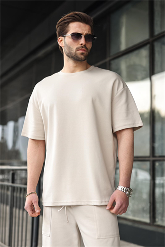 Taş Rengi Bisiklet Yaka Oversize Erkek Şort T-shirt Takım E7355