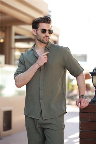 Haki Basic Erkek Şort Gömlek Takım E7321