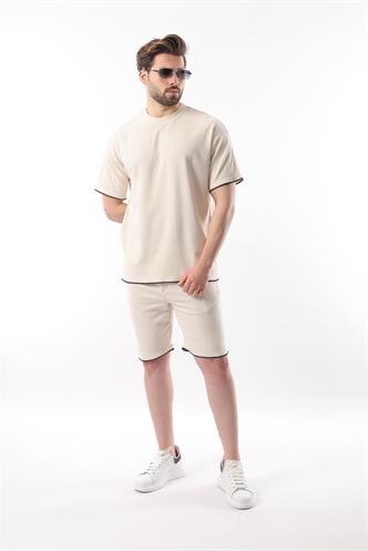 Bej Nakış Detaylı Erkek Şort T-shirt Takım E7305