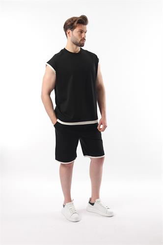 Siyah Sıfır Kol Erkek Şort T-shirt Takım E7308