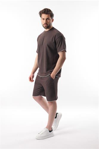  Kahverengi Nakış Detaylı Erkek Şort T-shirt Takım E7305
