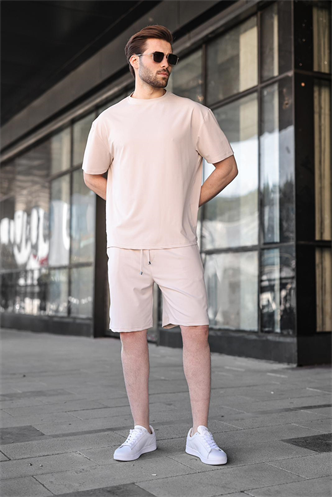 Bej Tensel Kumaş Erkek Şort Tişört Takım E7349