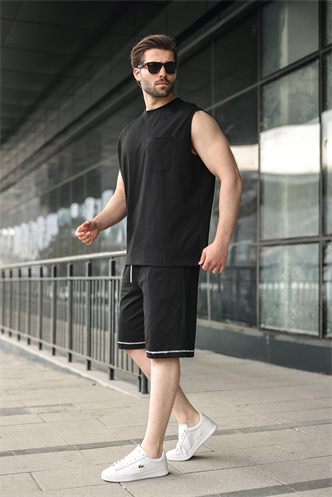 Siyah Bisiklet Yaka Kolsuz Erkek Şort T-shirt Takım E7351