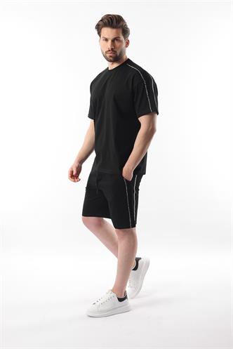 Siyah Overfit Baskılı Erkek Şort T-shirt Takım E7302