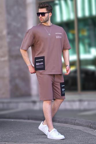 Kahverengi Bisiklet Yaka Baskılı Erkek Şort Takımı 5942