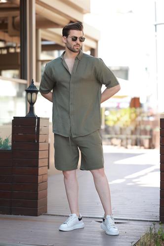 Haki Basic Erkek Şort Gömlek Takım E7321