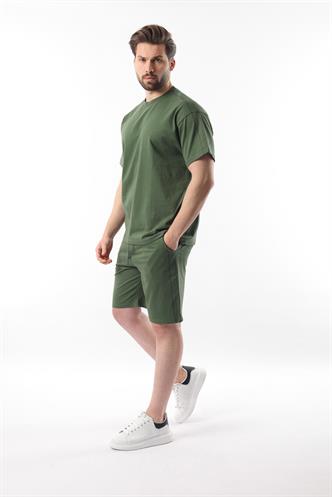 Haki Overfit Baskılı Erkek Şort T-shirt Takım E7302
