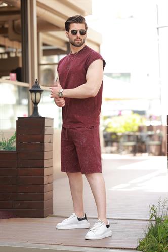 Bordo Basic Erkek Yırtık Detaylı Şort T-shirt Takım E7319