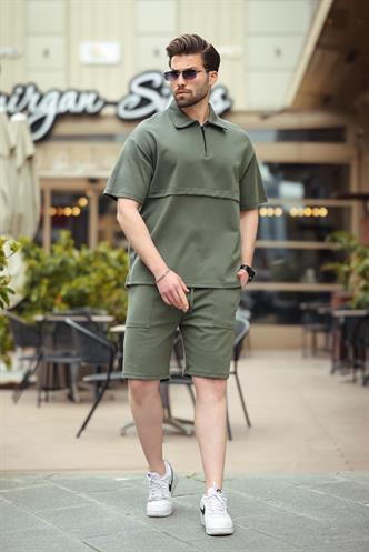 Haki Fermuarlı Polo Yaka Erkek Şort Gömlek Takımı E7314