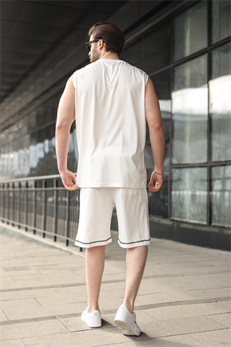 Ekru Bisiklet Yaka Kolsuz Erkek Şort T-shirt Takım E7351