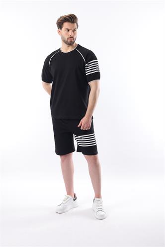 Siyah Baskılı Reglan Kol Erkek Şort T-shirt Takımı E7306