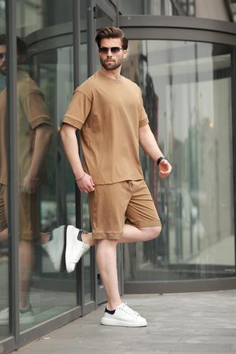 Kapuçino Baskılı %100 Pamuklu Erkek Şort Tişört Takım E7312