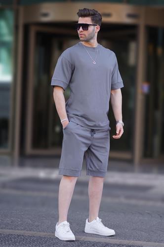 Füme Bisiklet Yaka Basic Erkek Şort Takımı 5953