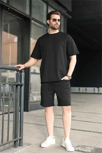 Siyah Bisiklet Yaka Oversize Erkek Şort T-shirt Takım E7355