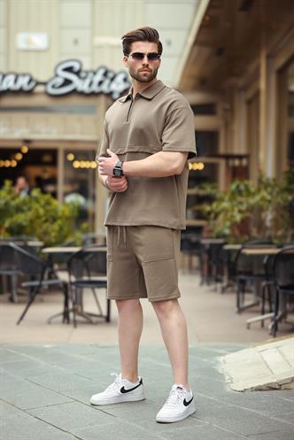 Kahverengi Fermuarlı Polo Yaka Erkek Şort Gömlek Takımı E7314