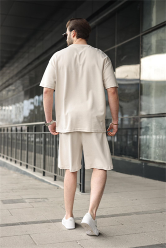 Taş Rengi Bisiklet Yaka Oversize Erkek Şort T-shirt Takım E7355