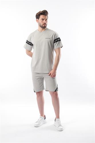 Boyalı Gri Şerit Detaylı Erkek Şort T-shirt Takım E7301
