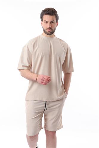 Bej Bisiklet Yaka Erkek Şort Takımı 5949