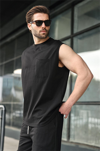 Siyah Bisiklet Yaka Kolsuz Erkek Şort T-shirt Takım E7351