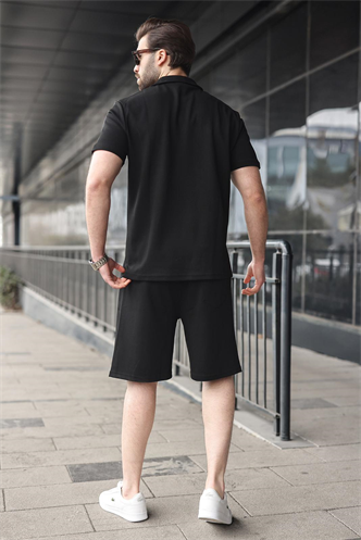 Siyah Yarım Fermuarlı Polo Yaka T-shirt Şort Takım E7348