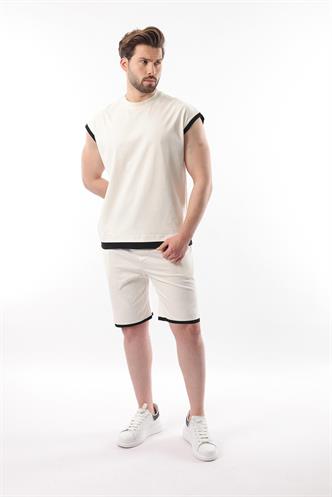 Ekru Sıfır Kol Erkek Şort T-shirt Takım E7308