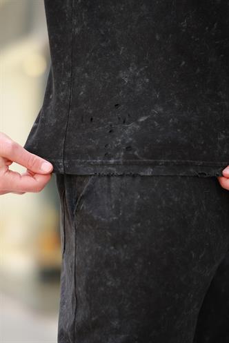 Siyah Basic Erkek Yırtık Detaylı Şort T-shirt Takım E7319