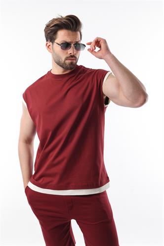 Bordo Sıfır Kol Erkek Şort T-shirt Takım E7308