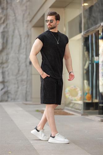 Siyah Basic Erkek Yırtık Detaylı Şort T-shirt Takım E7319