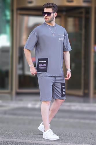 Füme Bisiklet Yaka Baskılı Erkek Şort Takımı 5942