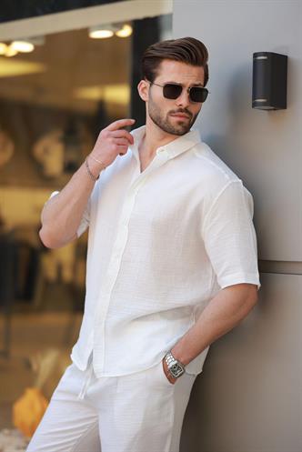 Beyaz Basic Erkek Şort Gömlek Takım E7321