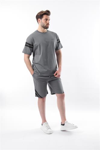 Füme Şerit Detaylı Erkek Şort T-shirt Takım E7301