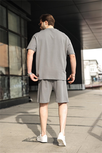 Füme Bisiklet Yaka Oversize Erkek Şort T-shirt Takım E7355