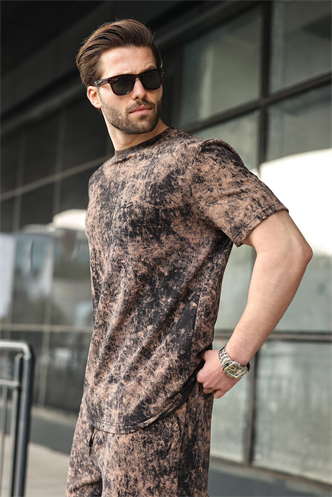 Siyah-Kahverengi Batik Desenli Overfit Şort T-shirt Takım E7357