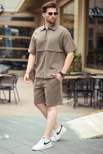 Kahverengi Fermuarlı Polo Yaka Erkek Şort Gömlek Takımı E7314