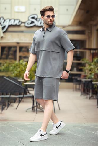Füme Fermuarlı Polo Yaka Erkek Şort Gömlek Takımı E7314