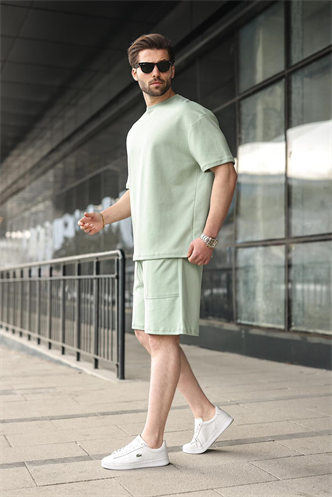 Çağla Yeşili Bisiklet Yaka Oversize Erkek Şort T-shirt Takım E7355