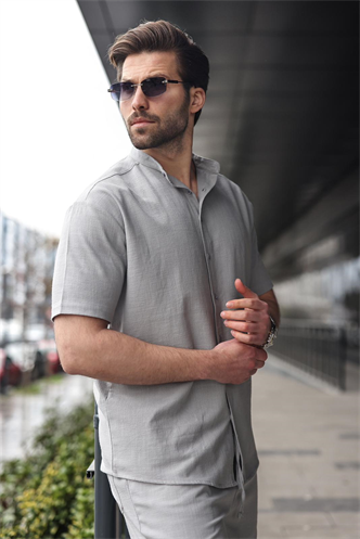 Boyalı Gri Erkek Şort Gömlek Takım E7350