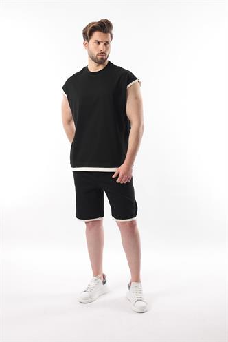 Siyah Sıfır Kol Erkek Şort T-shirt Takım E7308
