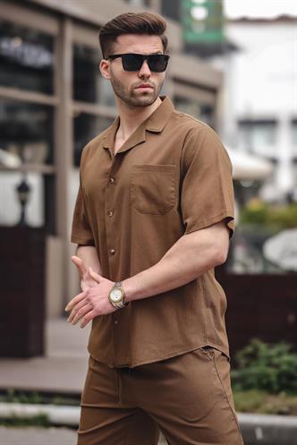 Erkek Kahverengi Basic Oversize Gömlek Takımı 5588