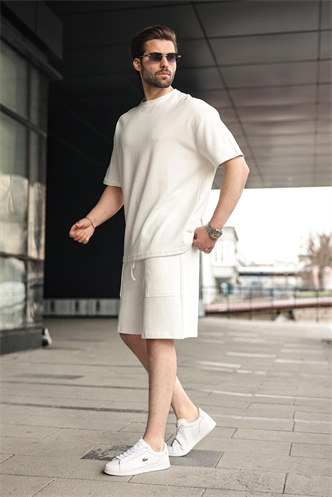 Ekru Bisiklet Yaka Oversize Erkek Şort T-shirt Takım E7355