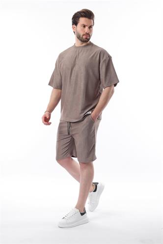 Kahverengi Bisiklet Yaka Erkek Şort Takımı 5949