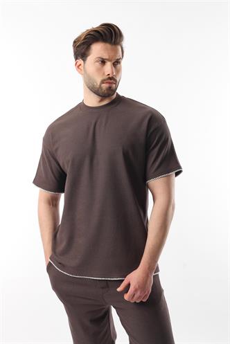  Kahverengi Nakış Detaylı Erkek Şort T-shirt Takım E7305